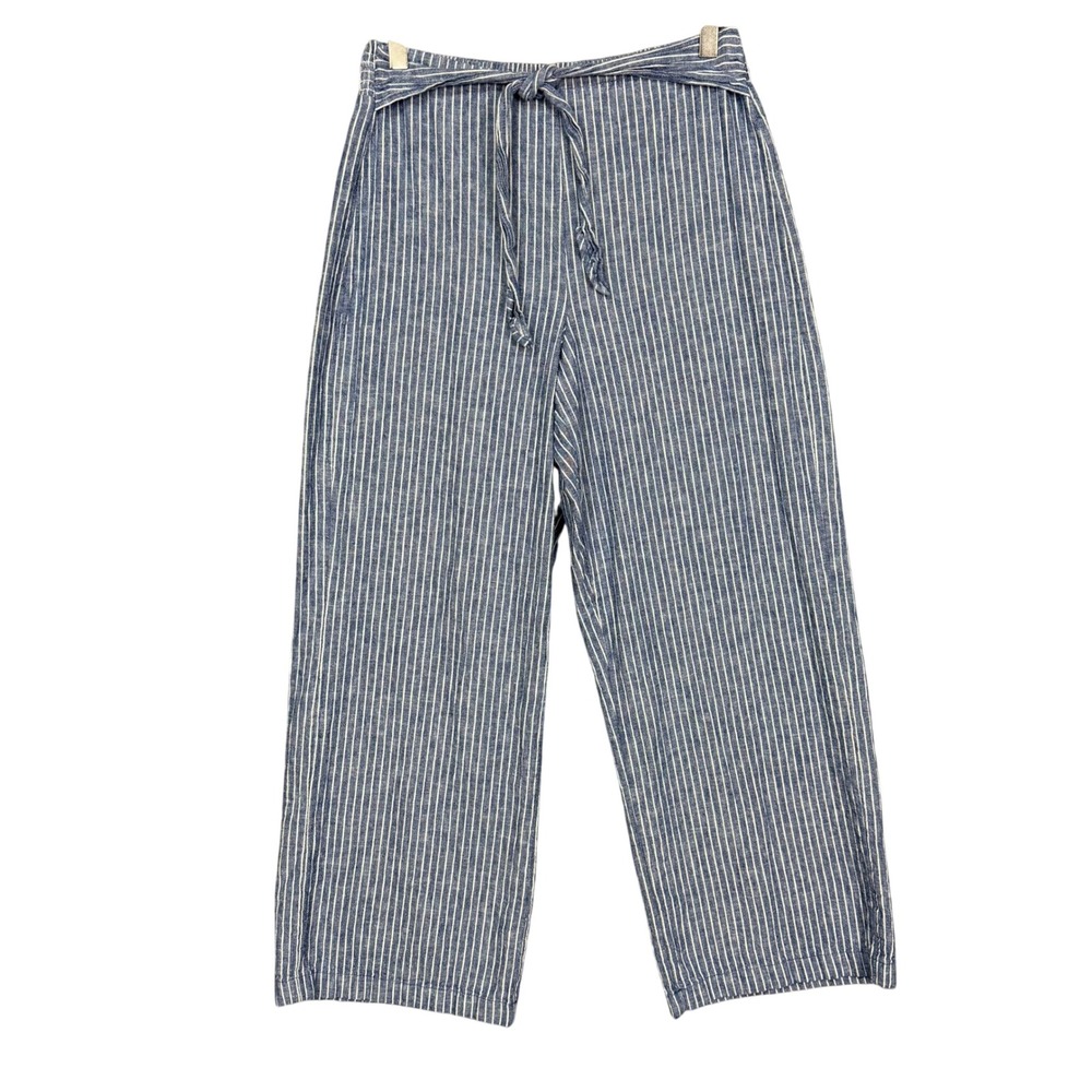 Beach Lunch Lounge Pants Womens Small Blue White Striped Linen Blend Wide Leg
